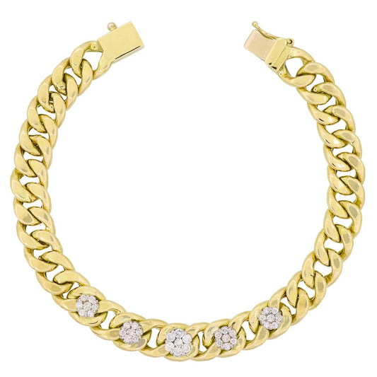 18K Cuban Bracelet with Flower Diamonds